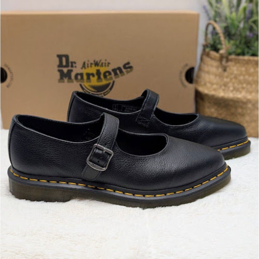 Dr. Martens Elphie MJ Black Virginia Leather Mary Jane Shoes UK 7 Women's 9 NIB - Picture 4 of 12